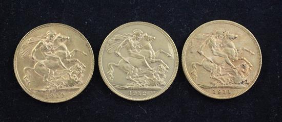 Three George V gold sovereigns, 1910, 1911 and 1912,